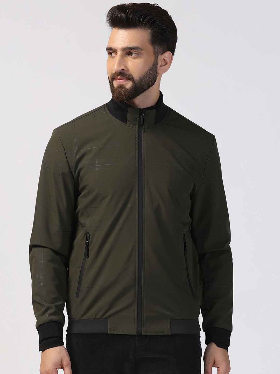 

Blackberrys Men Polyester Crop Bomber Jacket, Olive