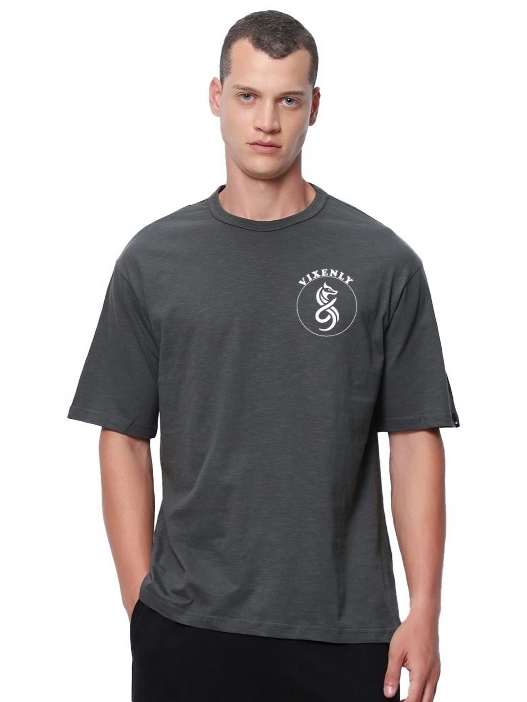 

VIXENLY Men Graphic Printed Round Neck Cotton Relaxed Fit T-shirt, Grey