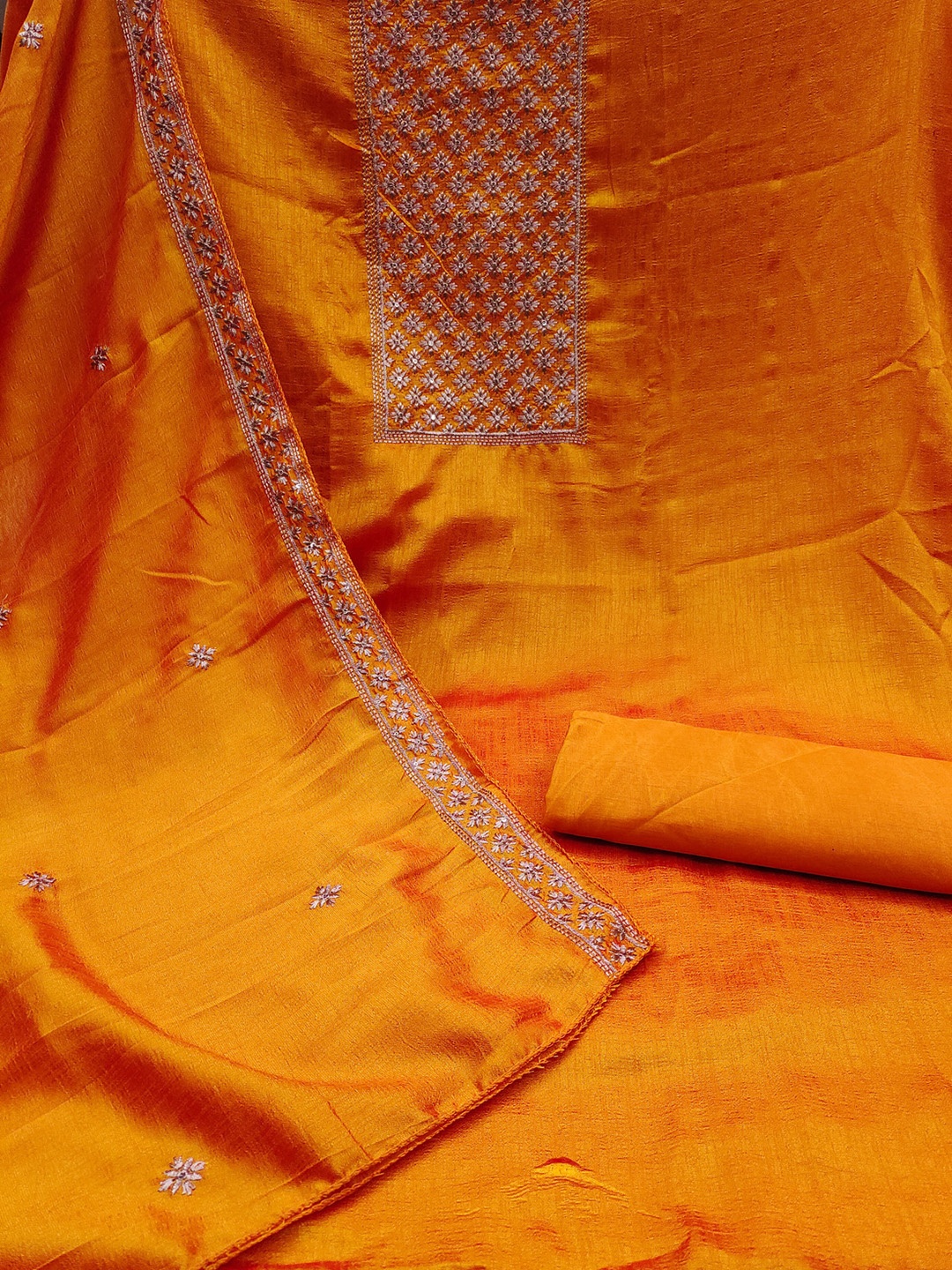

LADY SHOPI Floral Embroidered Pure Silk Unstitched Dress Material, Orange
