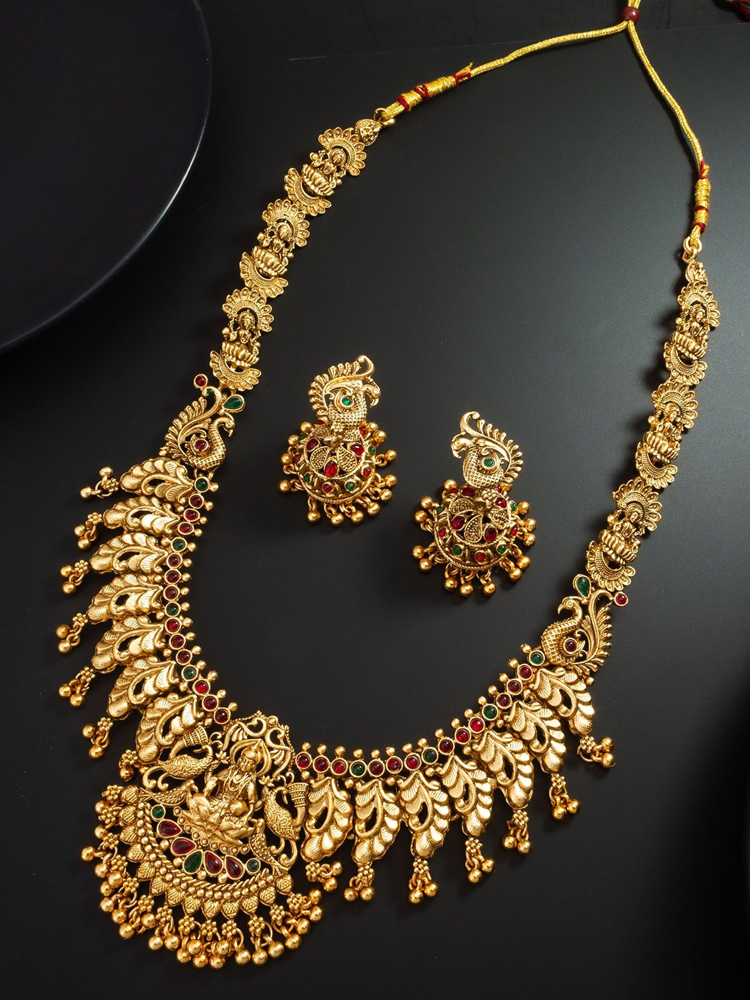 

aadita Gold-Plated Stones-Studded & Beaded Temple Jewellery Set