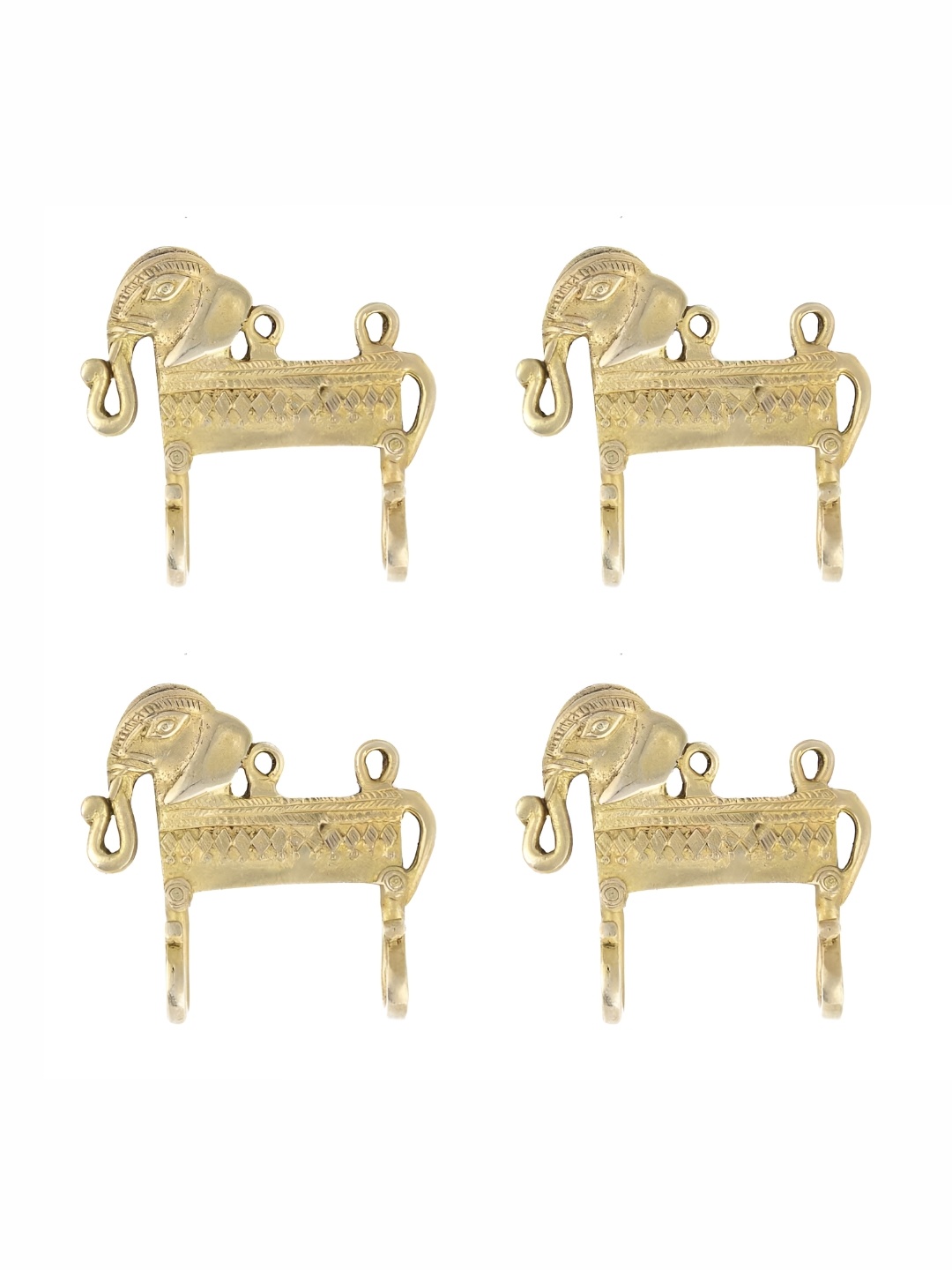 

IndianShelf Gold-Toned 4 Piece Brass Elephant With Trunk Motif Key Hooks Kitchen Hanger