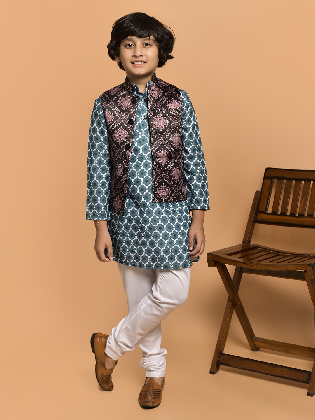 

PRINTINDIA Boys Geometric Printed Band Collar Regular Kurta & Churidar & Nehru Jacket, Teal