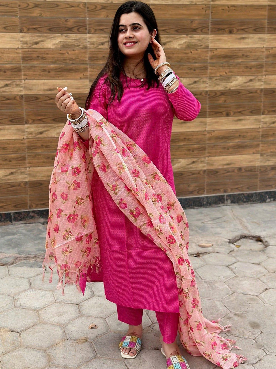 

KALINI Floral Straight Kurta with Trousers & With Dupatta, Pink