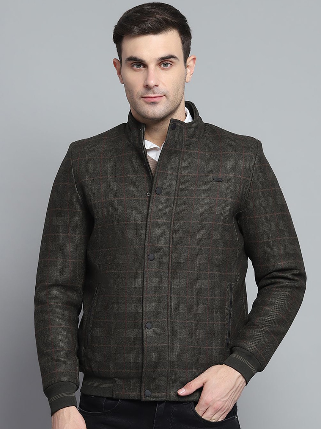 

Monte Carlo Men Mock Collar Geometric Printed Casual Padded Jacket, Olive