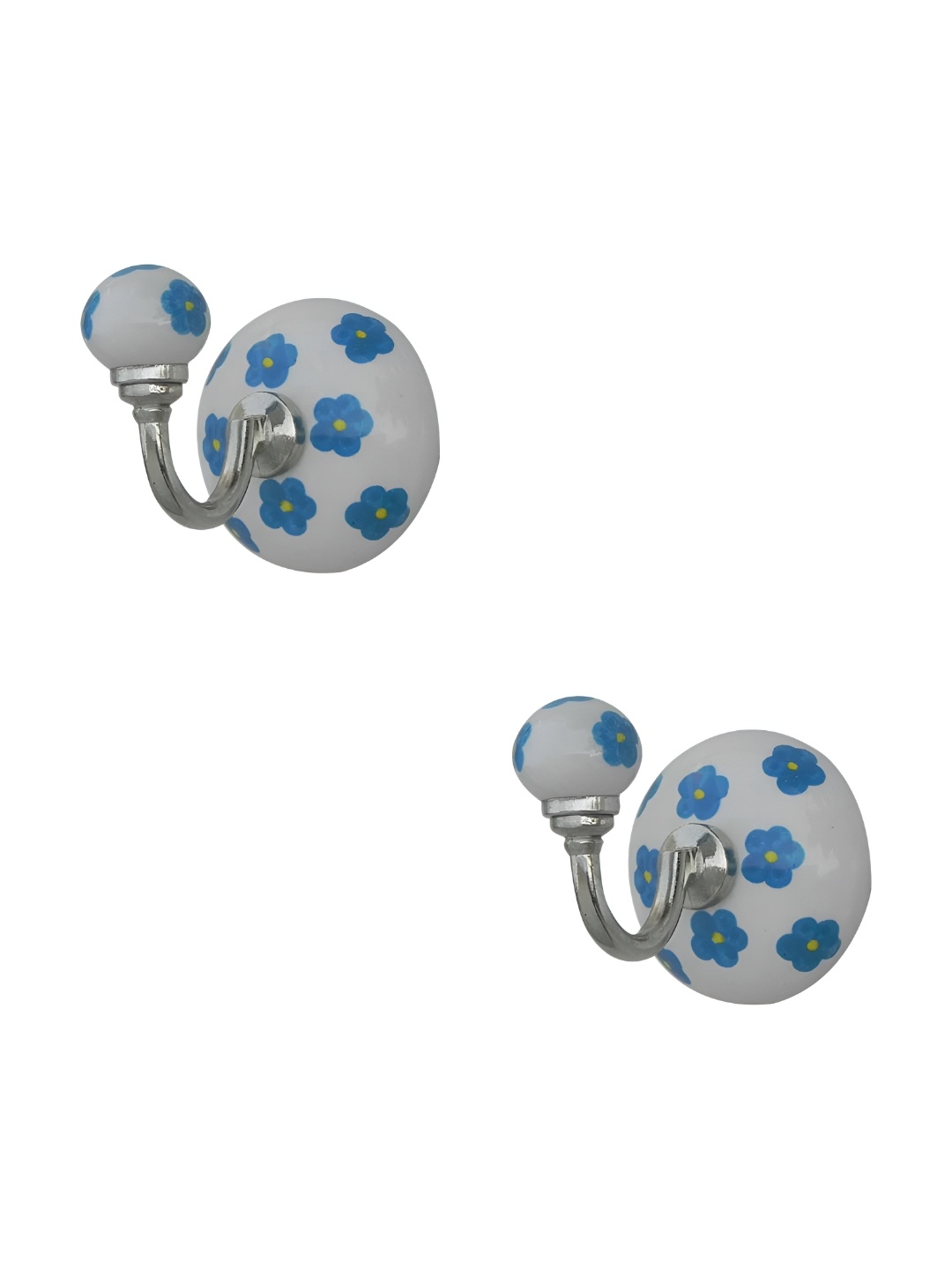 

IndianShelf White and Blue 2 Pieces Floral Printed Ceramic Wall Hooks