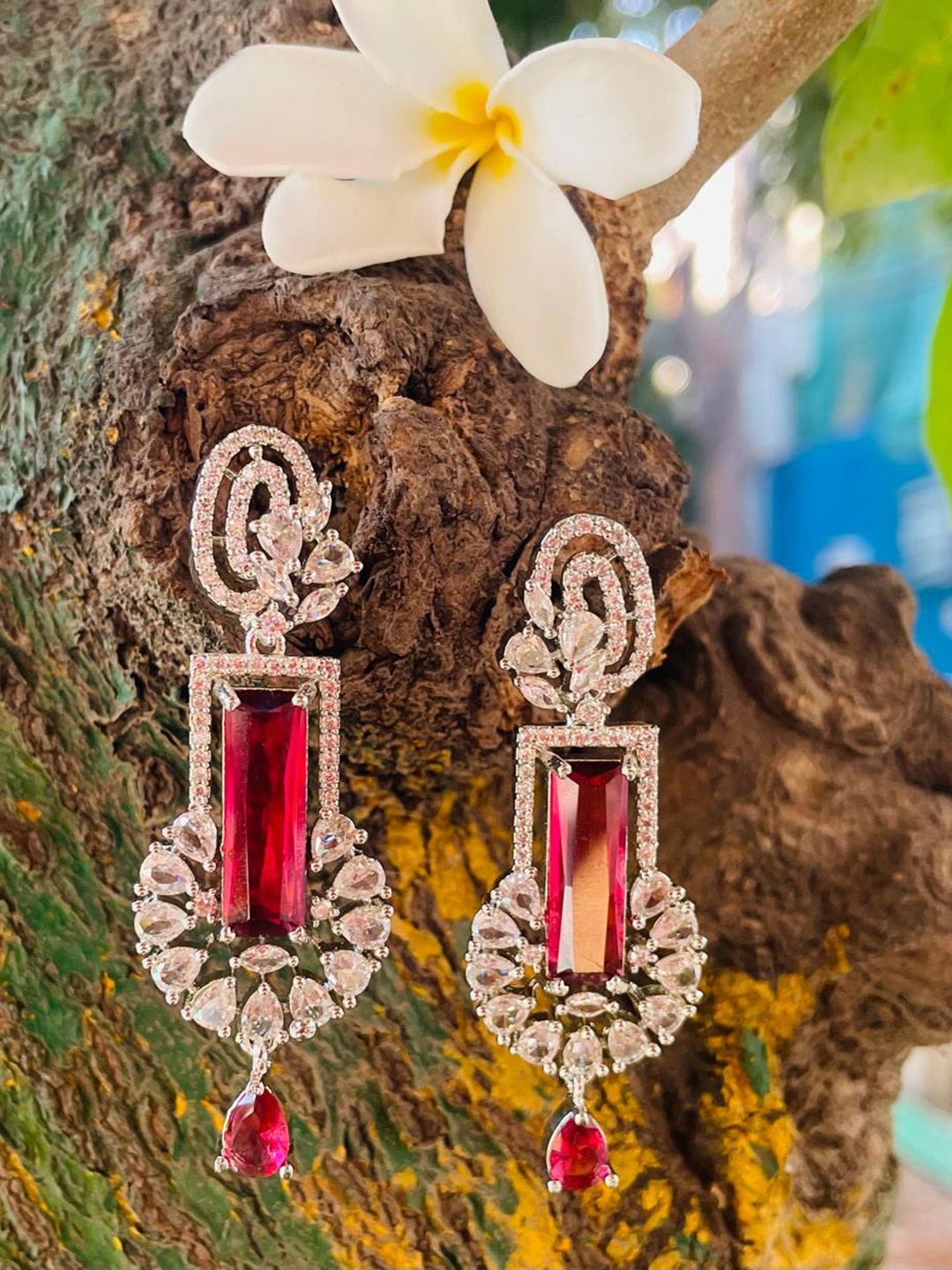 

MONI LIFESTYLE American Diamond Studded Contemporary Drop Earrings, Red