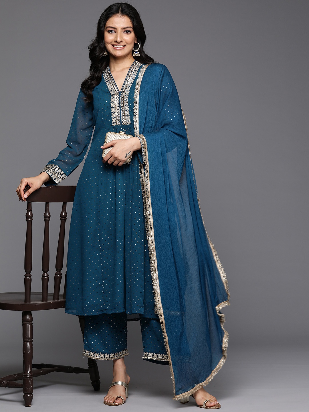 

Varanga Blue Polka Dots Printed Thread Work Silk Georgette Kurta & Trouser & Dupatta