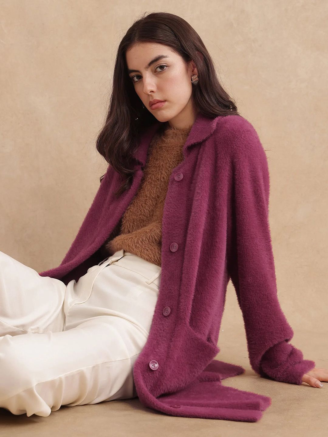 

RAREISM Women Acrylic Longline Tailored Jacket, Maroon