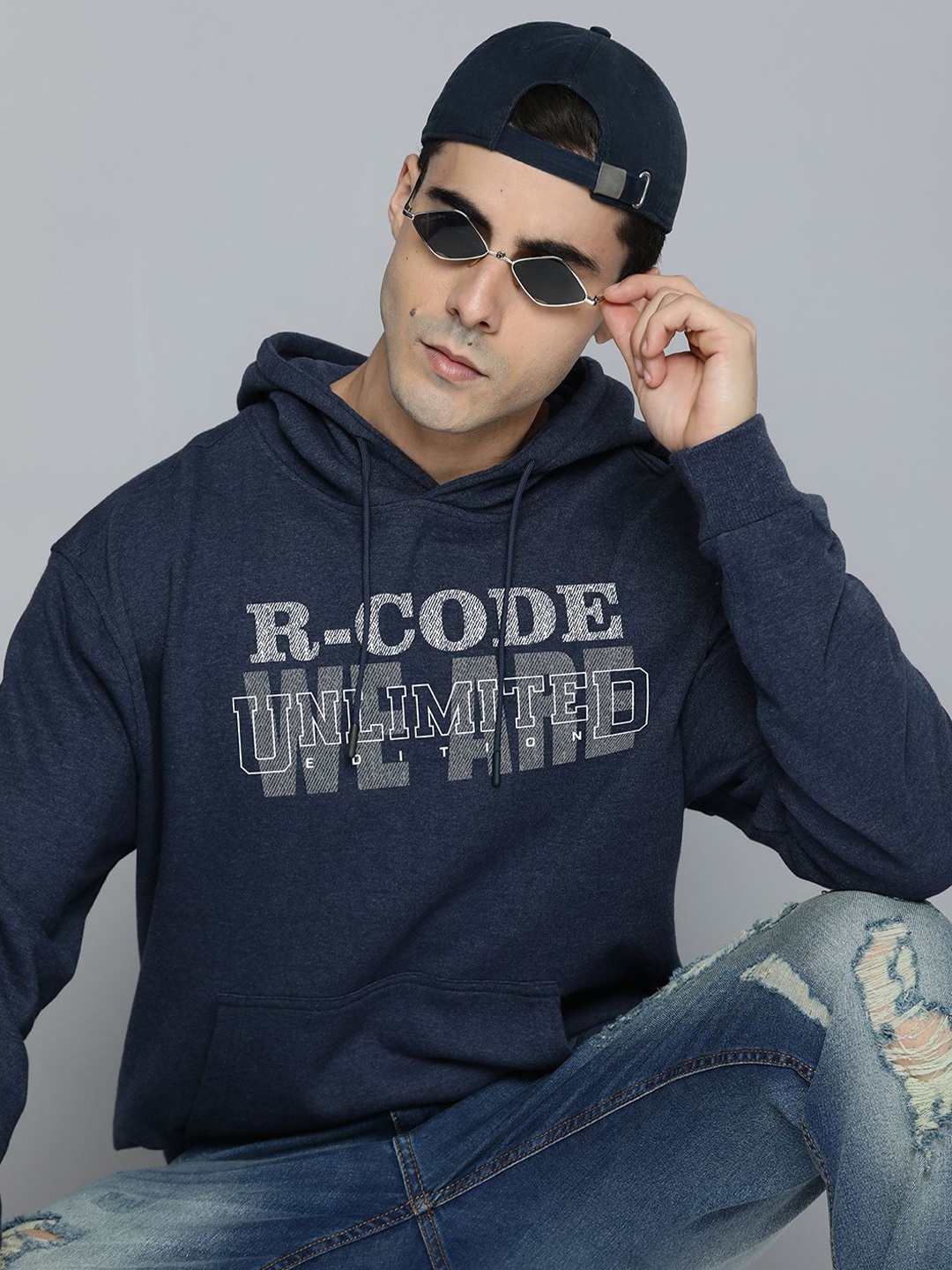 

R.Code by The Roadster Life Co. Men Cotton Typography Printed Hooded Sweatshirt, Navy blue