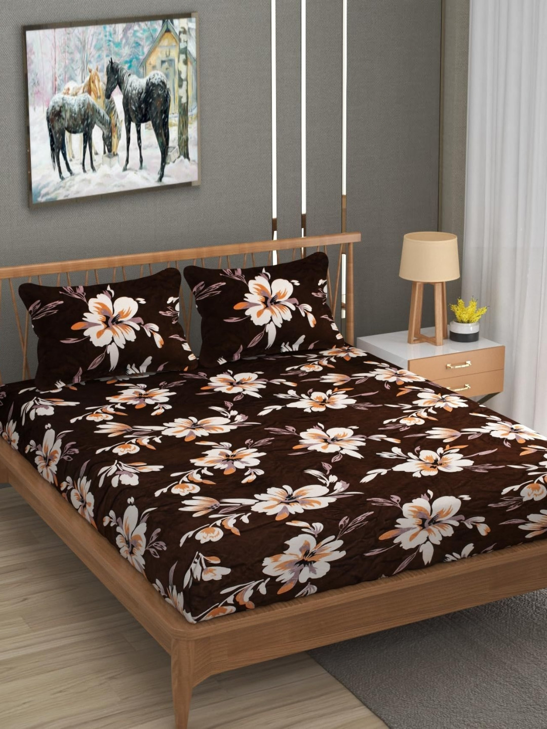 

YaAkholic Brown & White Floral 210 TC King Velvet Fitted Bedsheet Set- 1.9 M x 1.8 M