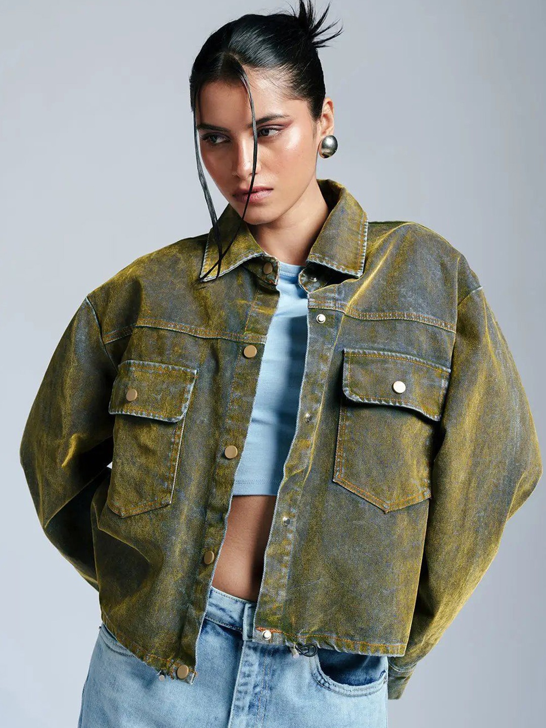 

FREAKINS Women Solid Cotton Casual Denim Jacket, Green