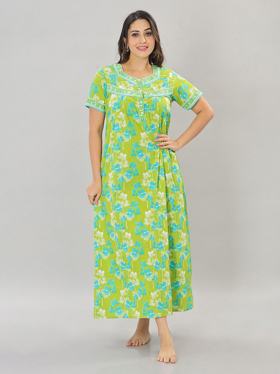 

NAIDU HALL Women Floral Printed Pure Cotton Maxi Nightdress, Lime green