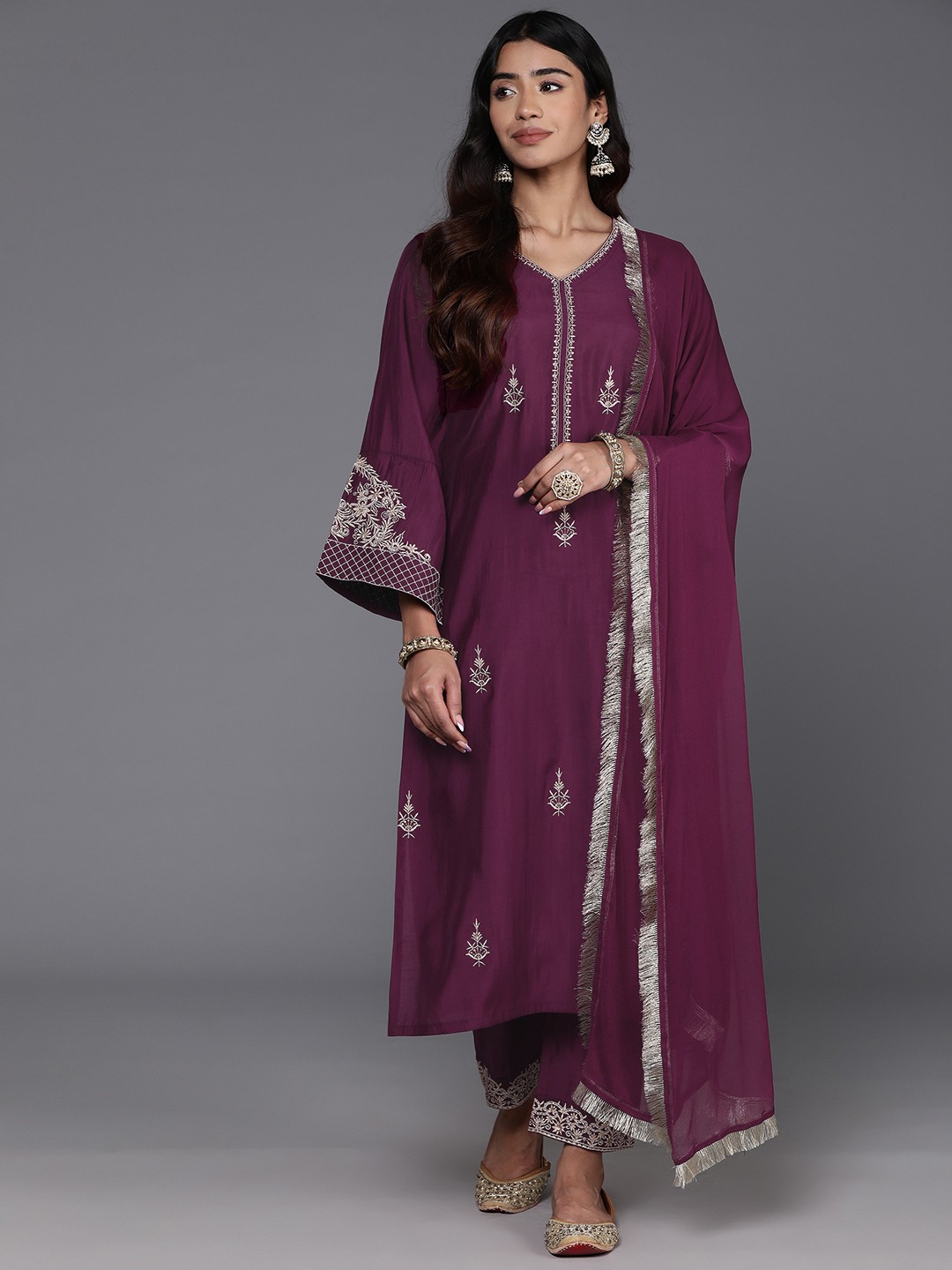 

Varanga Magenta Floral Embroidered Regular Sequinned Kurta With Trouser With Dupatta