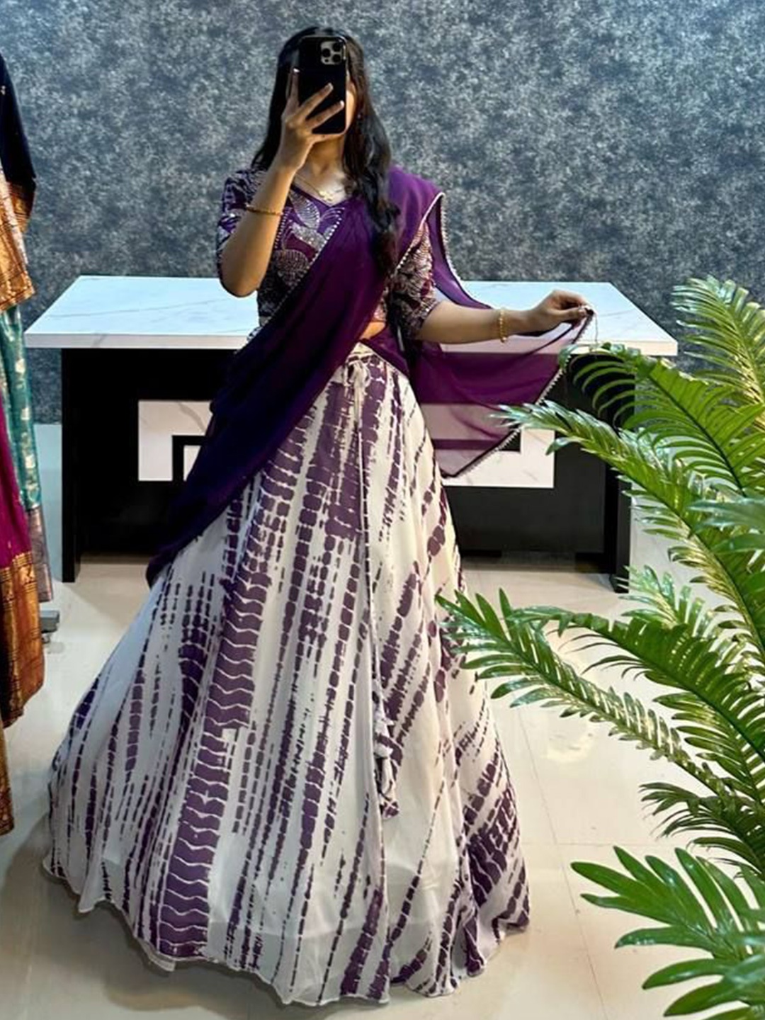 

Rujave Floral Printed Blouse With Lehenga & Dupatta, Purple