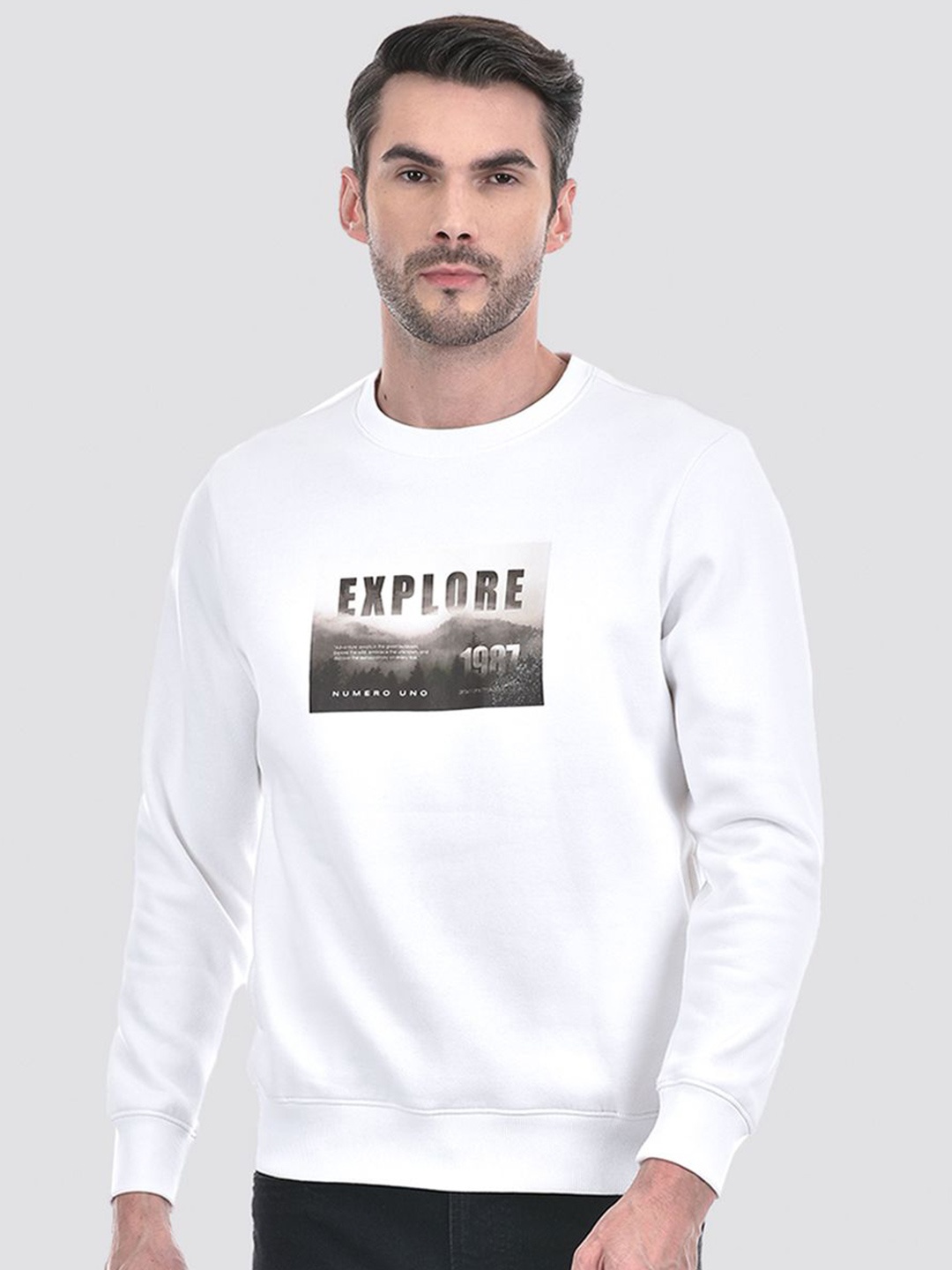 

Numero Uno Men Cotton Long Sleeves Printed Sweatshirt, White