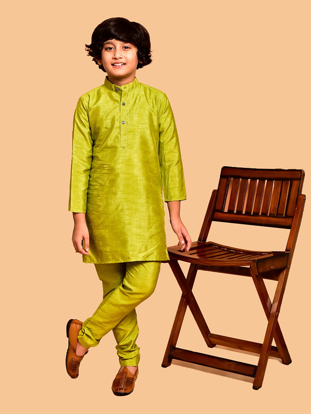 

PRINTINDIA Boys Band Collar Long Sleeves Regular Kurta With Churidar, Lime green