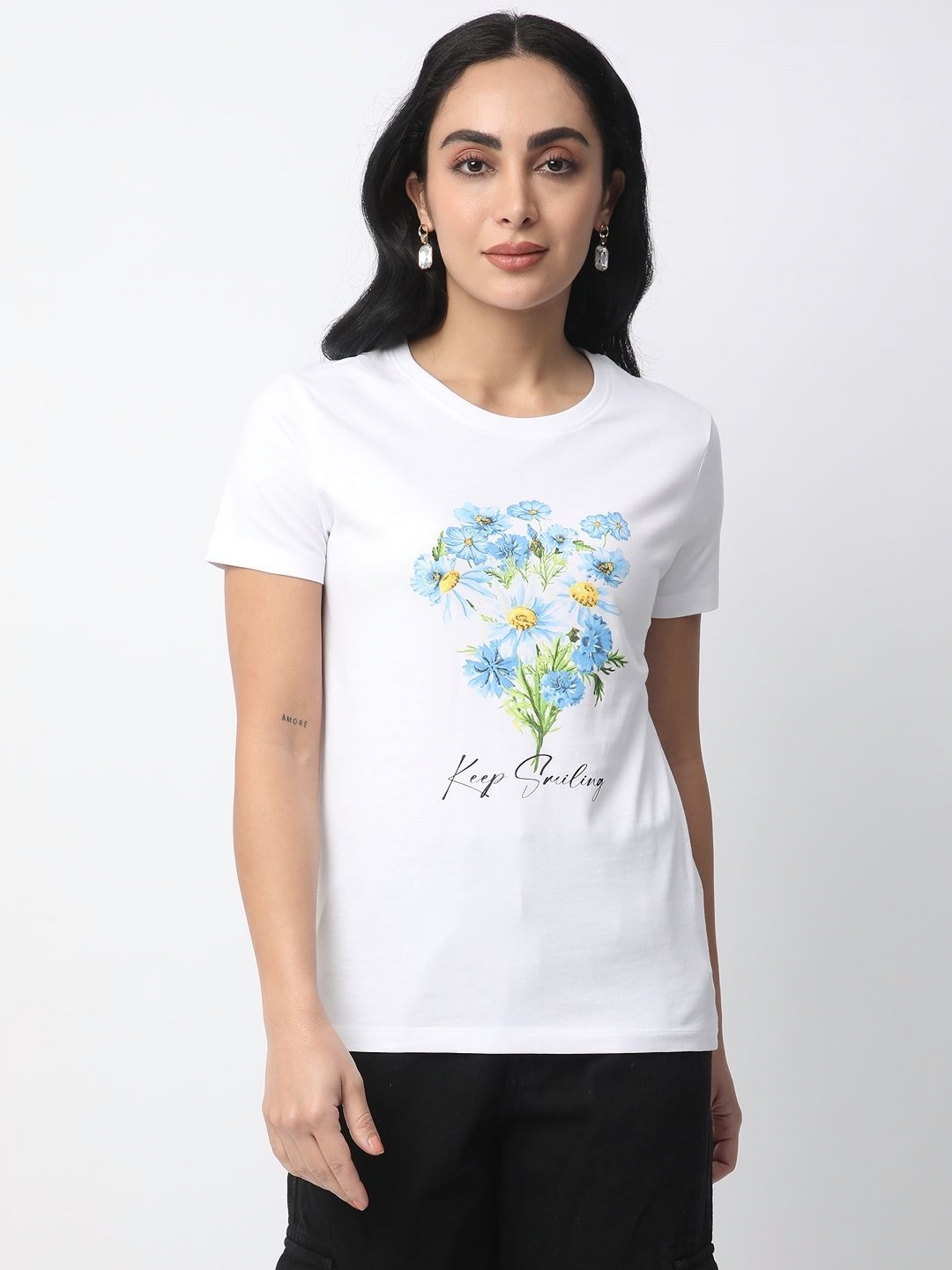 

R&B Women Floral Printed Round Neck Cotton T-shirt, White