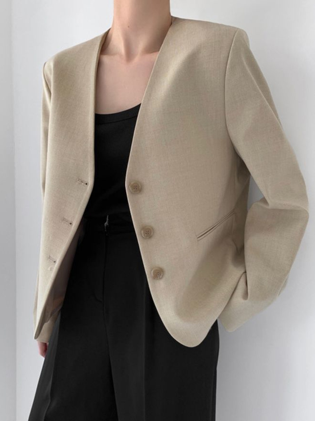 

LULU & SKY V Neck Collarless Single Breasted Blazer, Khaki