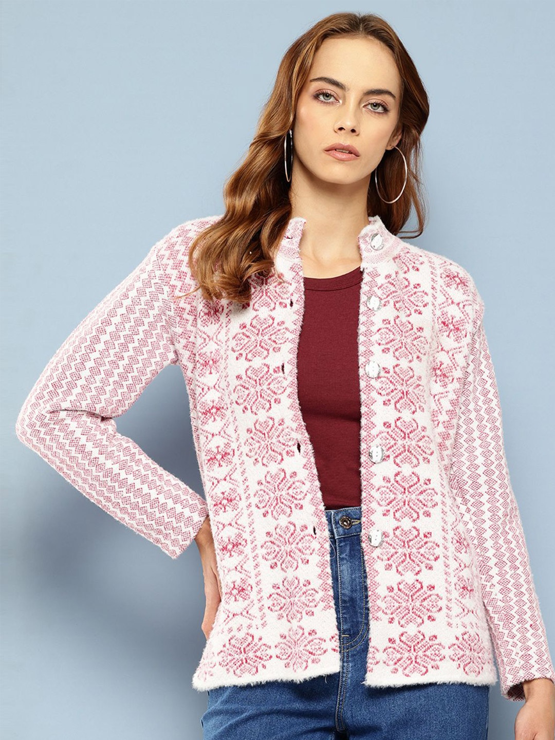 

BAESD Women Self Design Floral Woollen Cardigan, Pink