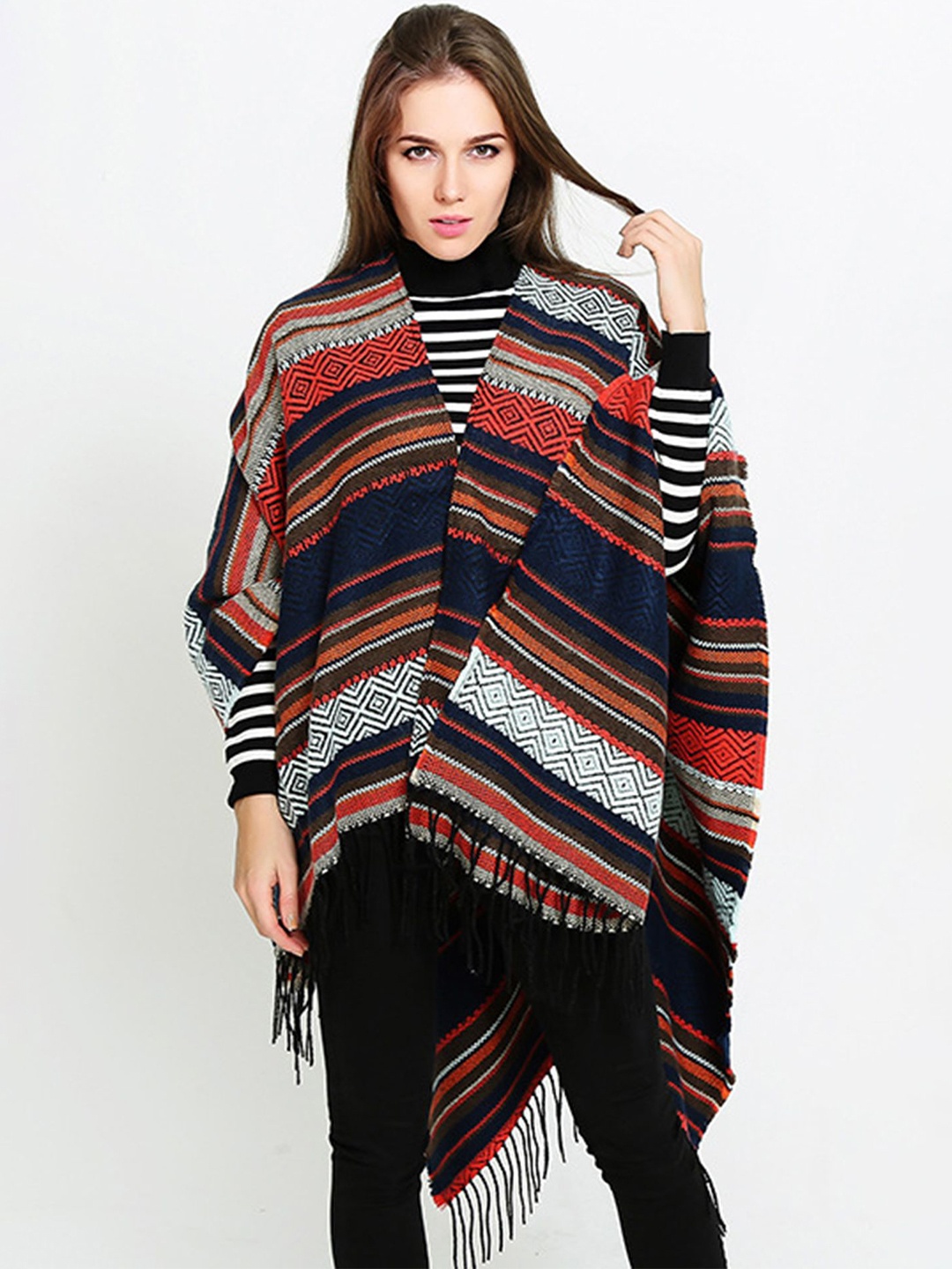 

LULU & SKY Women Striped Longline Shrug, Navy blue