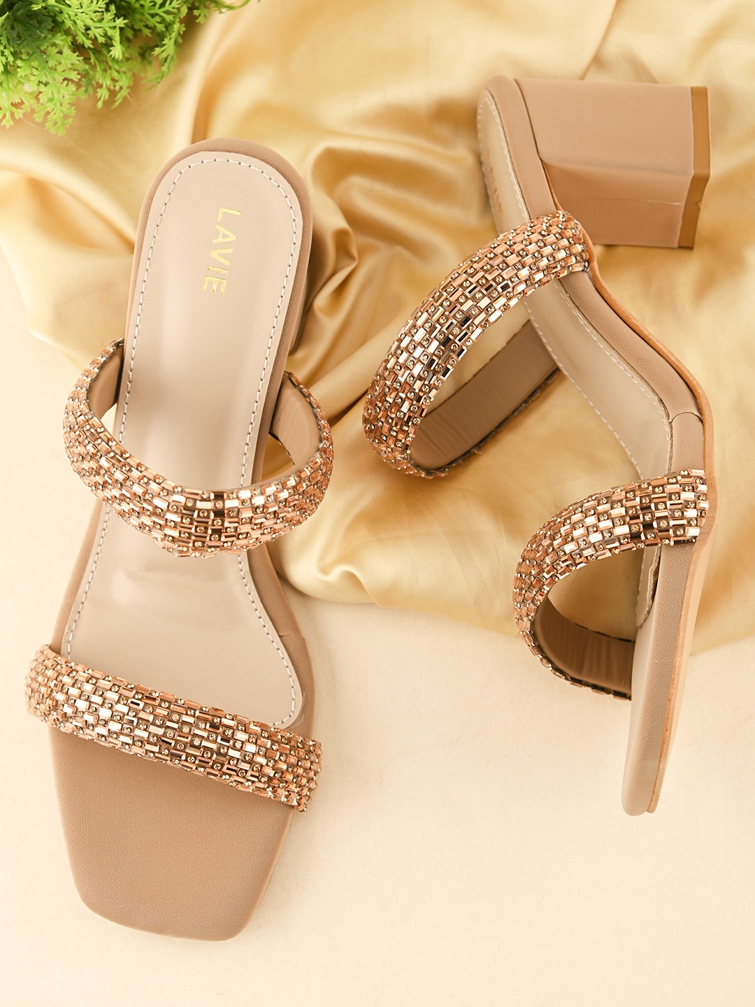 

Lavie Women Embellished Suede Party Block Heel Sandals, Gold