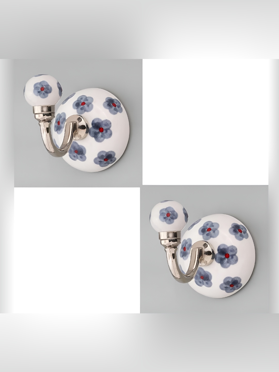 

IndianShelf White & Grey 2 Pieces Floral Printed Ceramic Wall Hooks