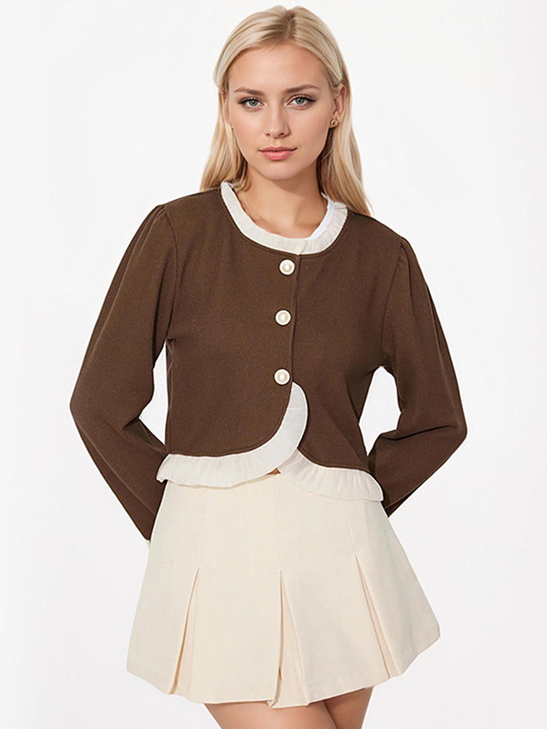 

LULU & SKY Women Collarless Solid Casual Tailored Jacket, Brown