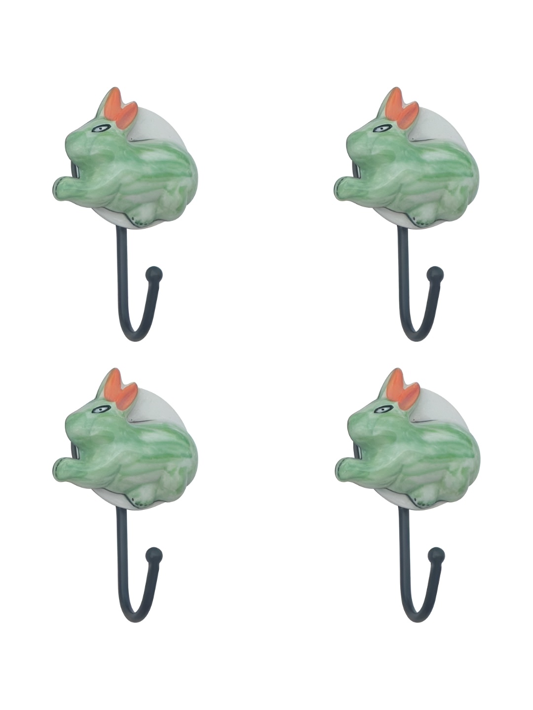 

IndianShelf White & Green 4 Pieces Ceramic Rabbit Key Wall Hooks