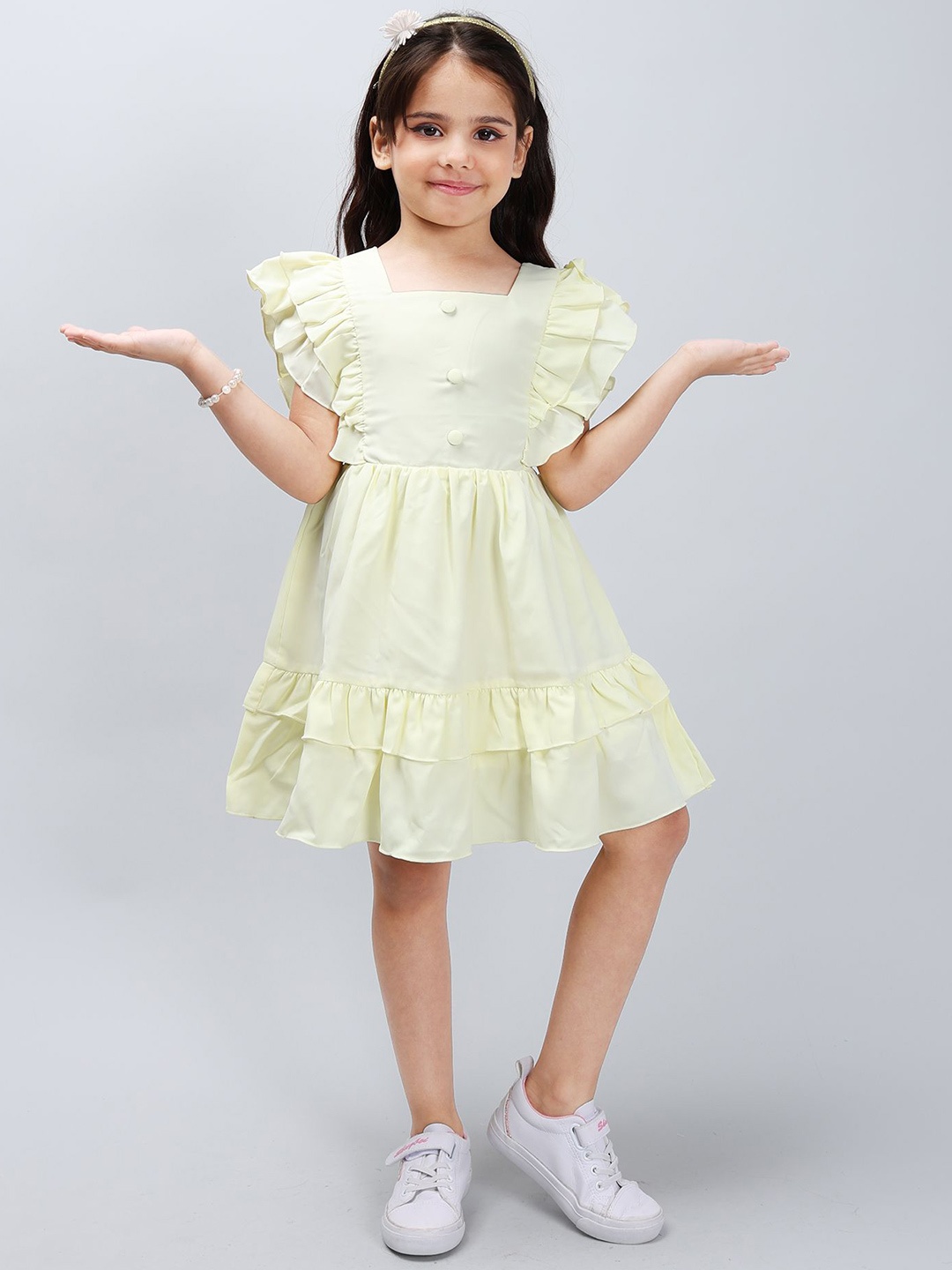 

PINK MERMAID Girls Cotton Flutter Sleeve Fit and Flare Dress, Yellow