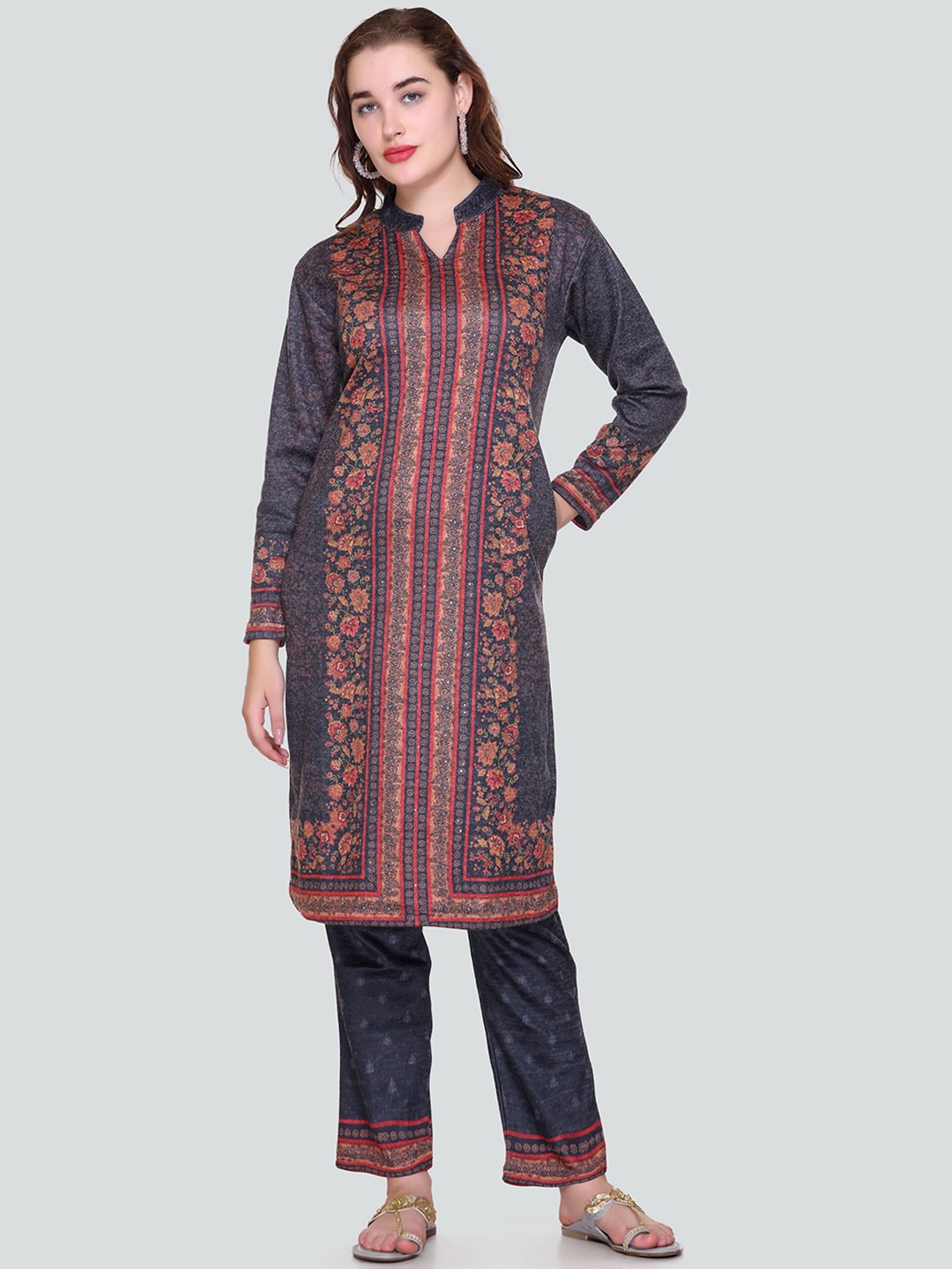 

Melvin Floral Printed Mandarin Collar Straight Kurta With Trouser & Dupatta, Blue
