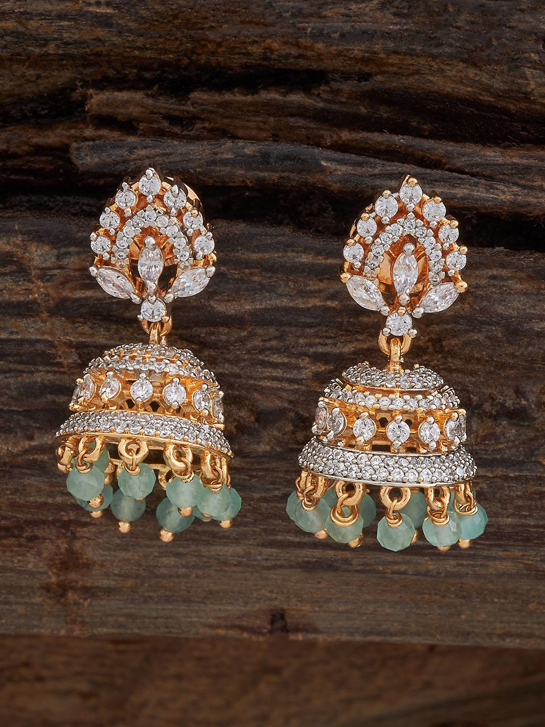 

Kushal's Fashion Jewellery Rhodium-Plated Zircon Studded & Beaded Dome Shaped Jhumkas, Silver