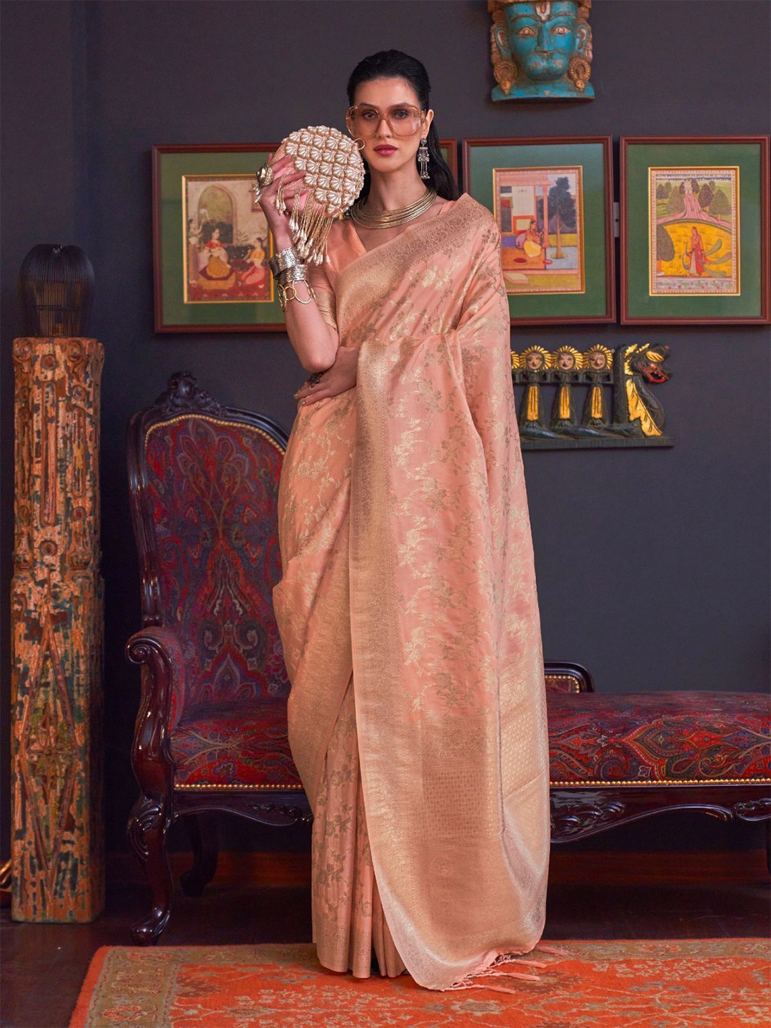 

ODETTE Woven Design Zari Saree, Peach