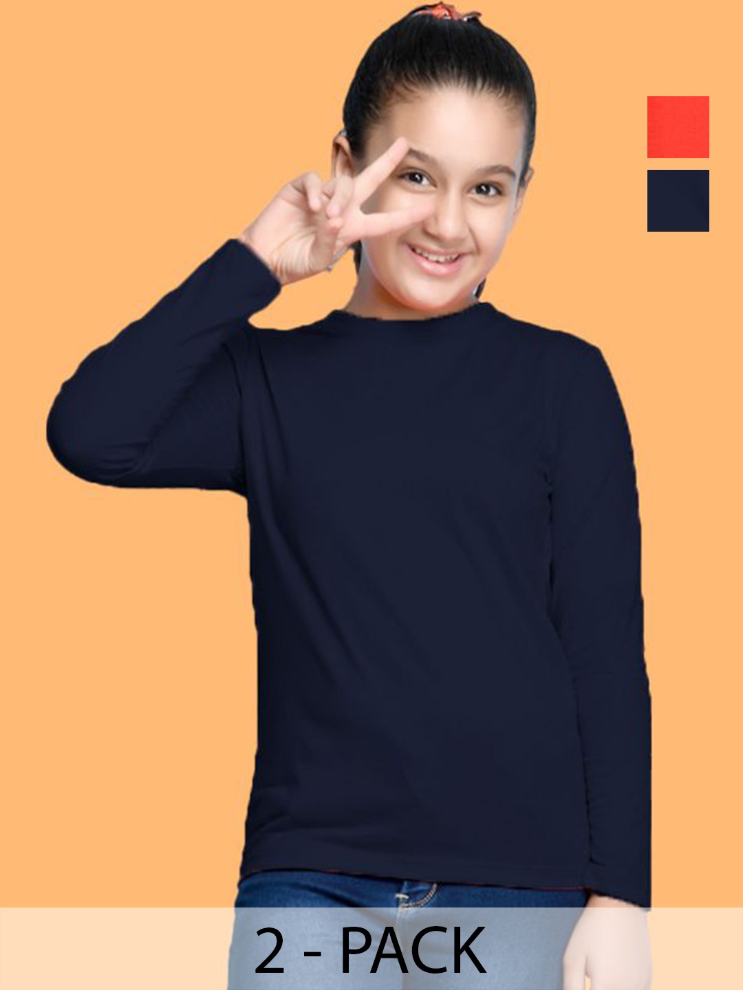 

NUSYL Girls Pack Of 2 Solid Round Neck Cotton T-shirts, Navy blue
