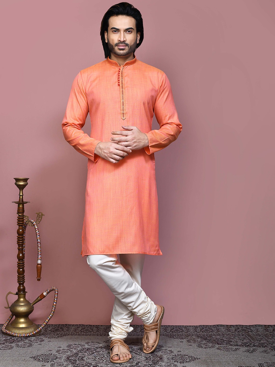 

RANAK Mandarin Collar Long Sleeves Regular Straight Kurta, Orange