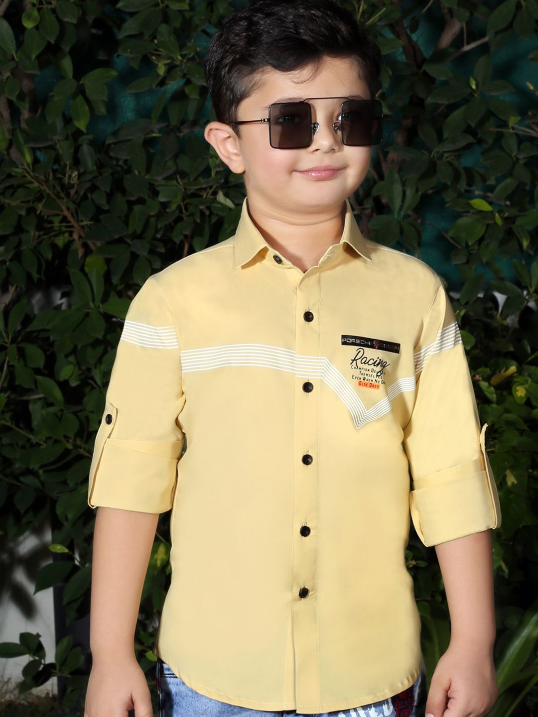 

MashUp Boys Classic Spread Collar Typography Printed Cotton Casual Shirt, Yellow