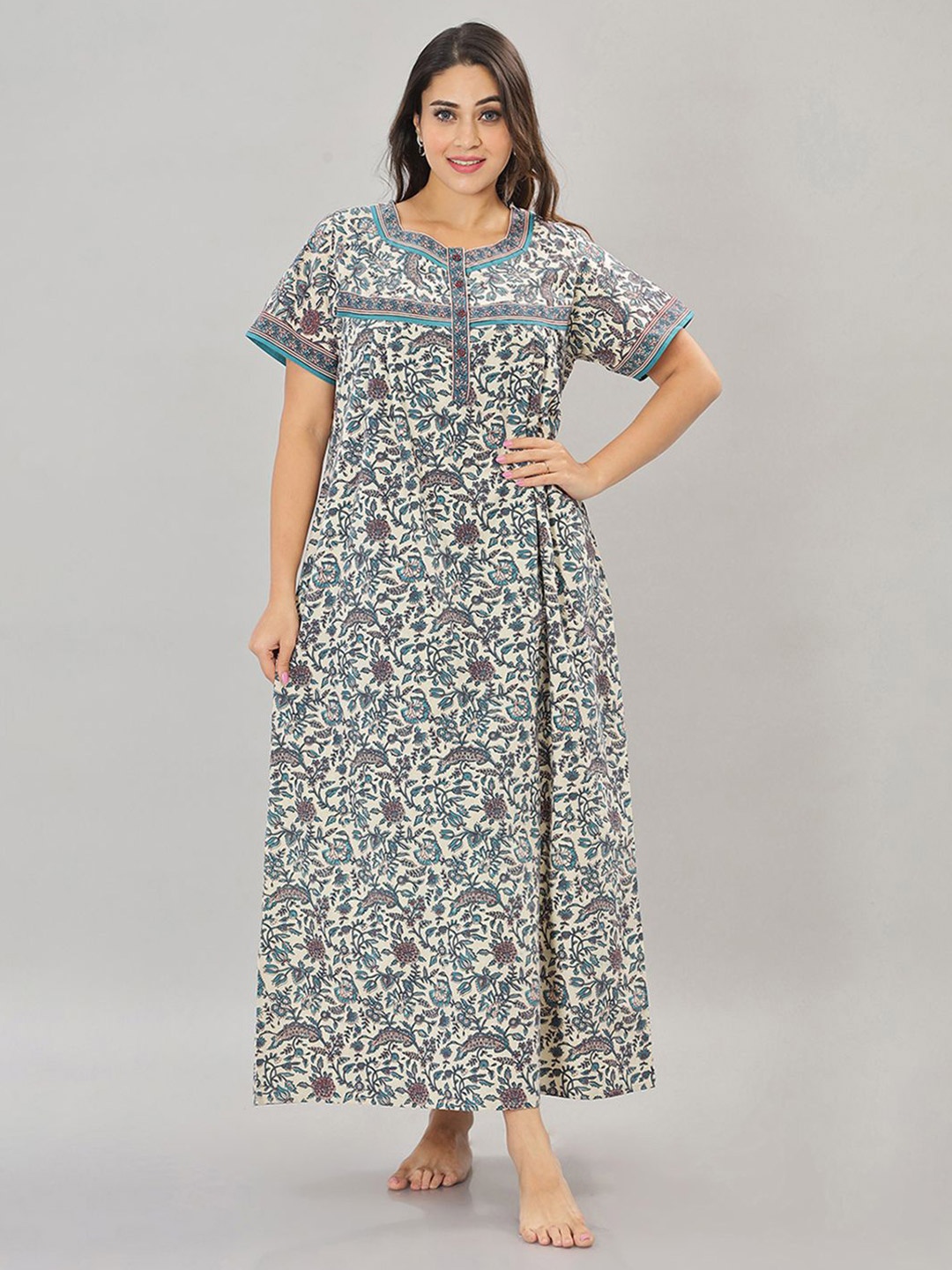 

NAIDU HALL Women Pure Cotton Printed Maxi Nightdress, Teal