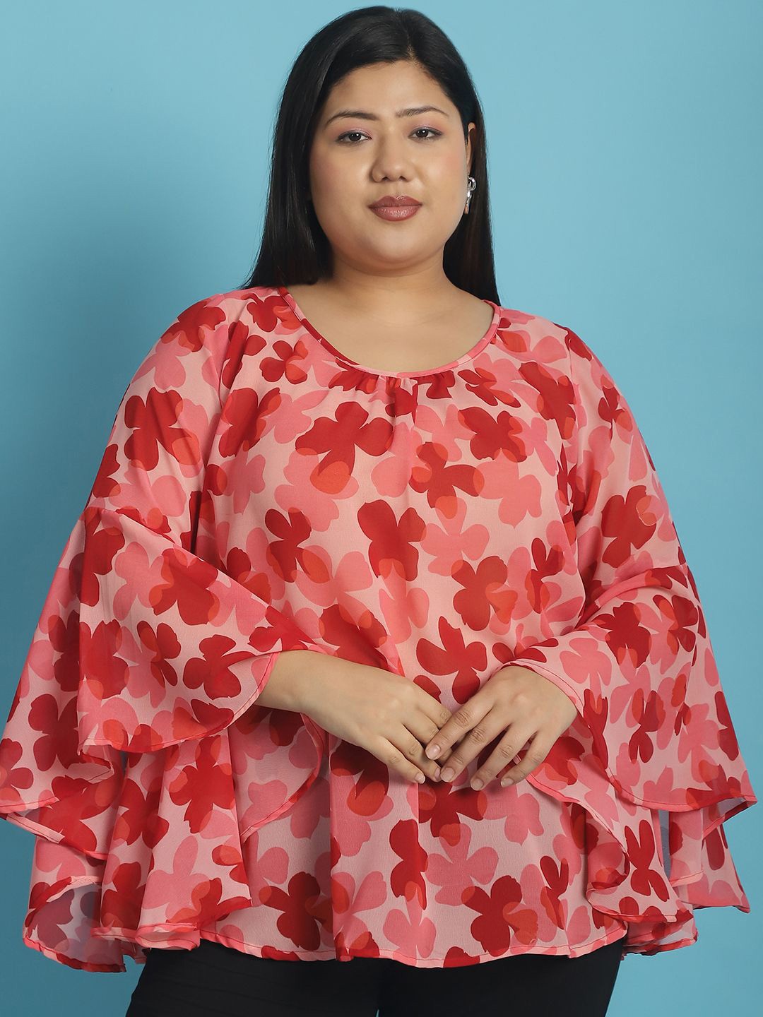 

theRebelinme Women Plus Size Floral Printed Bell Sleeve Top, Pink