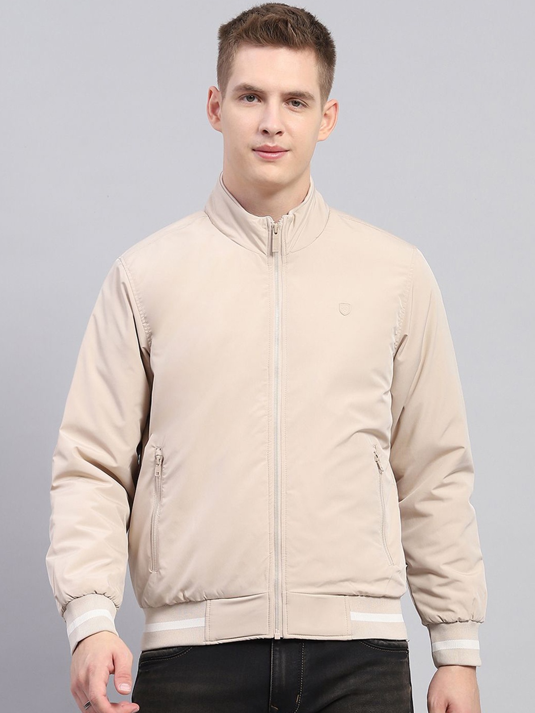 

Monte Carlo Men Mock Collar Solid Casual Bomber Jacket, Beige