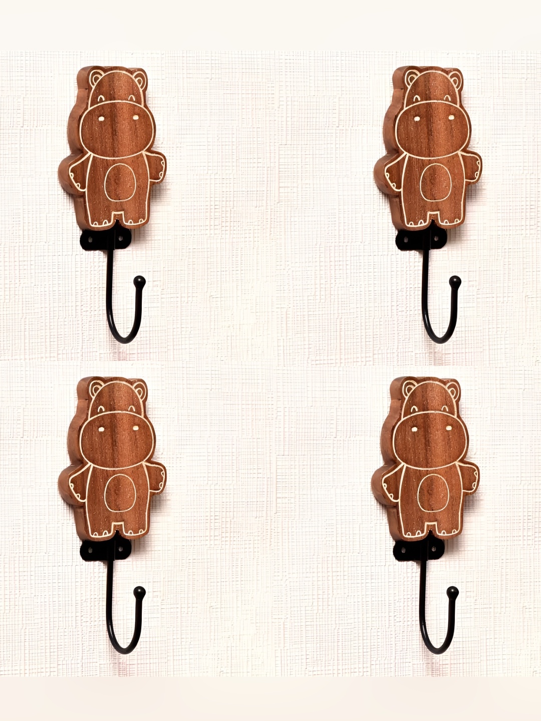 

IndianShelf Brown & Black 4 Pieces Hippo Printed Wooden Wall Hooks