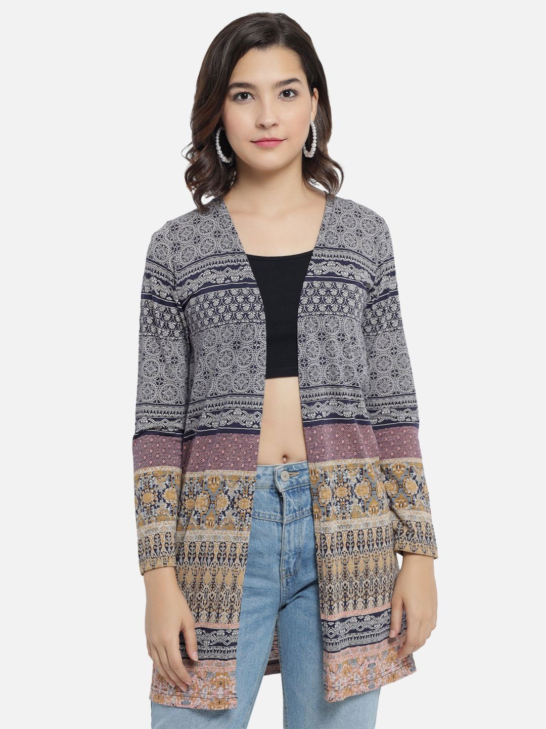 

BAESD Ethnic Printed Longline Cotton Open Front Shrug, Navy blue