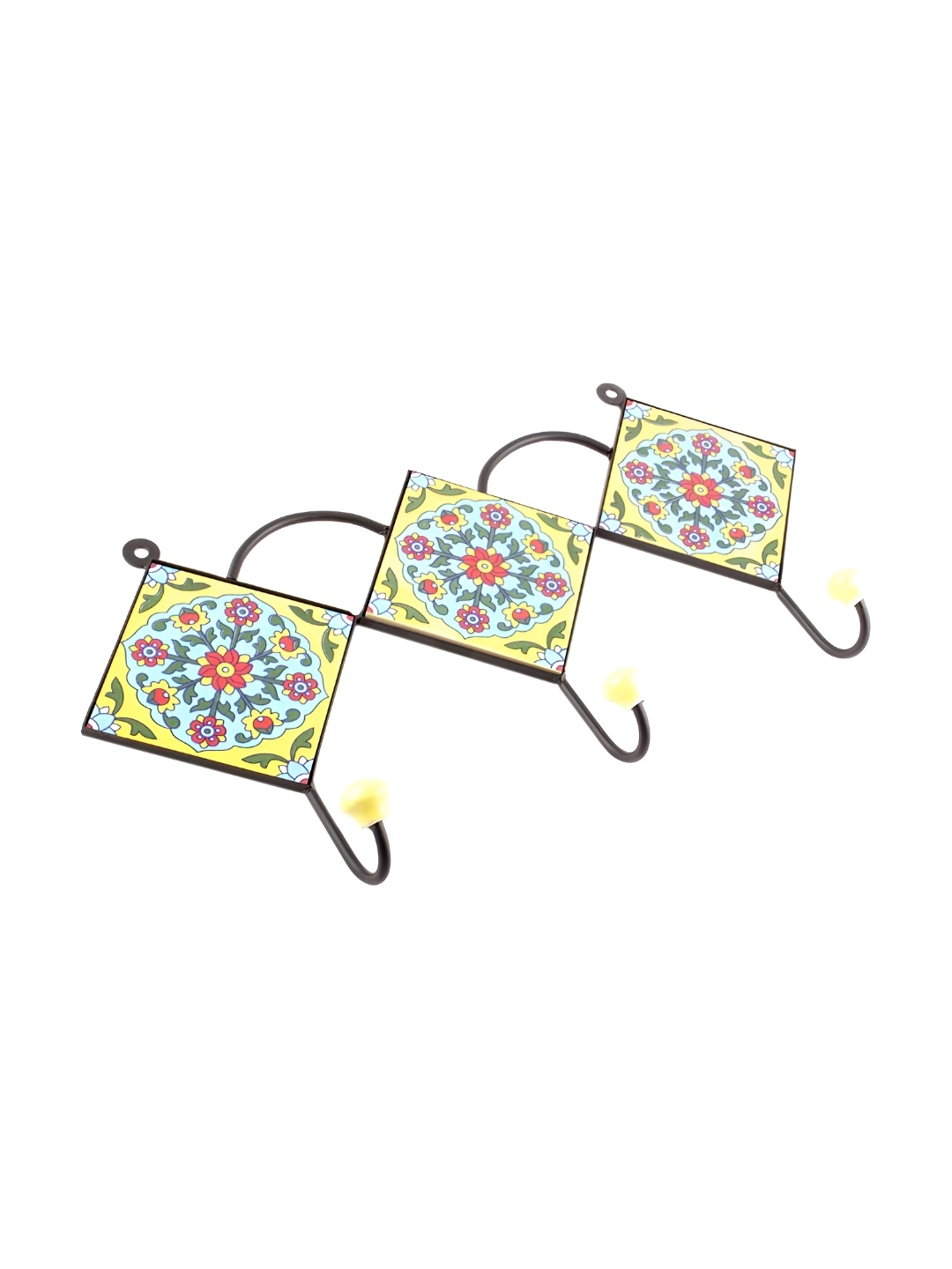 

IndianShelf Yellow Ceramic Floral Tile Door Hangers Key Holders