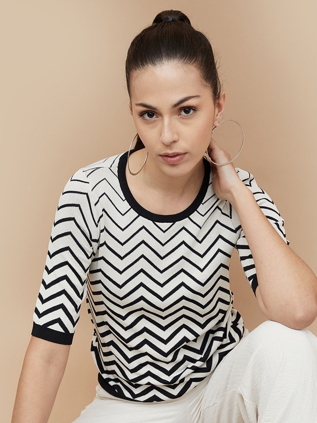 

CODE by Lifestyle Women Chevron Striped Round Neck T-shirt, White