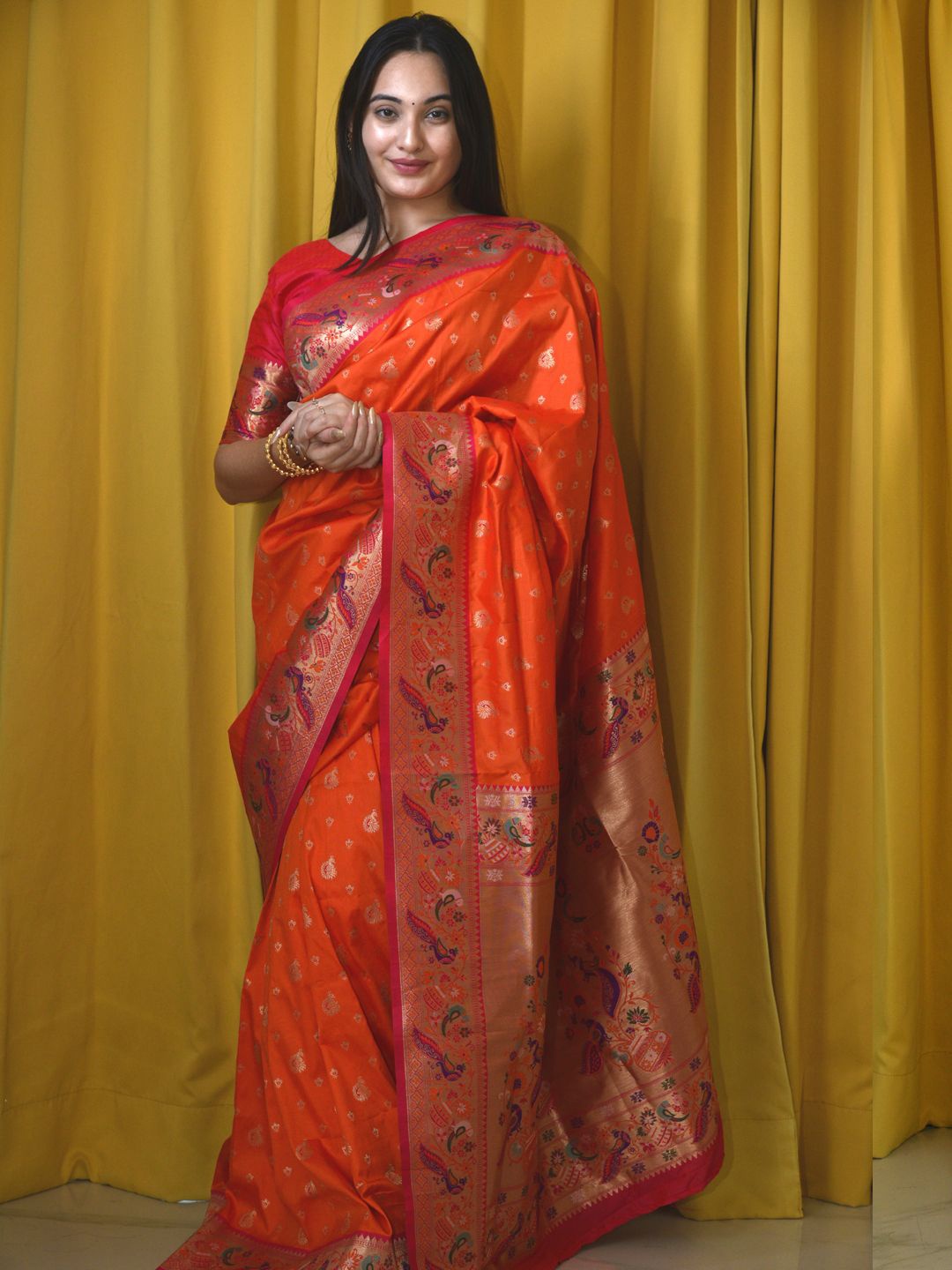 

Panzora Woven Design Zari Paithani Saree, Orange