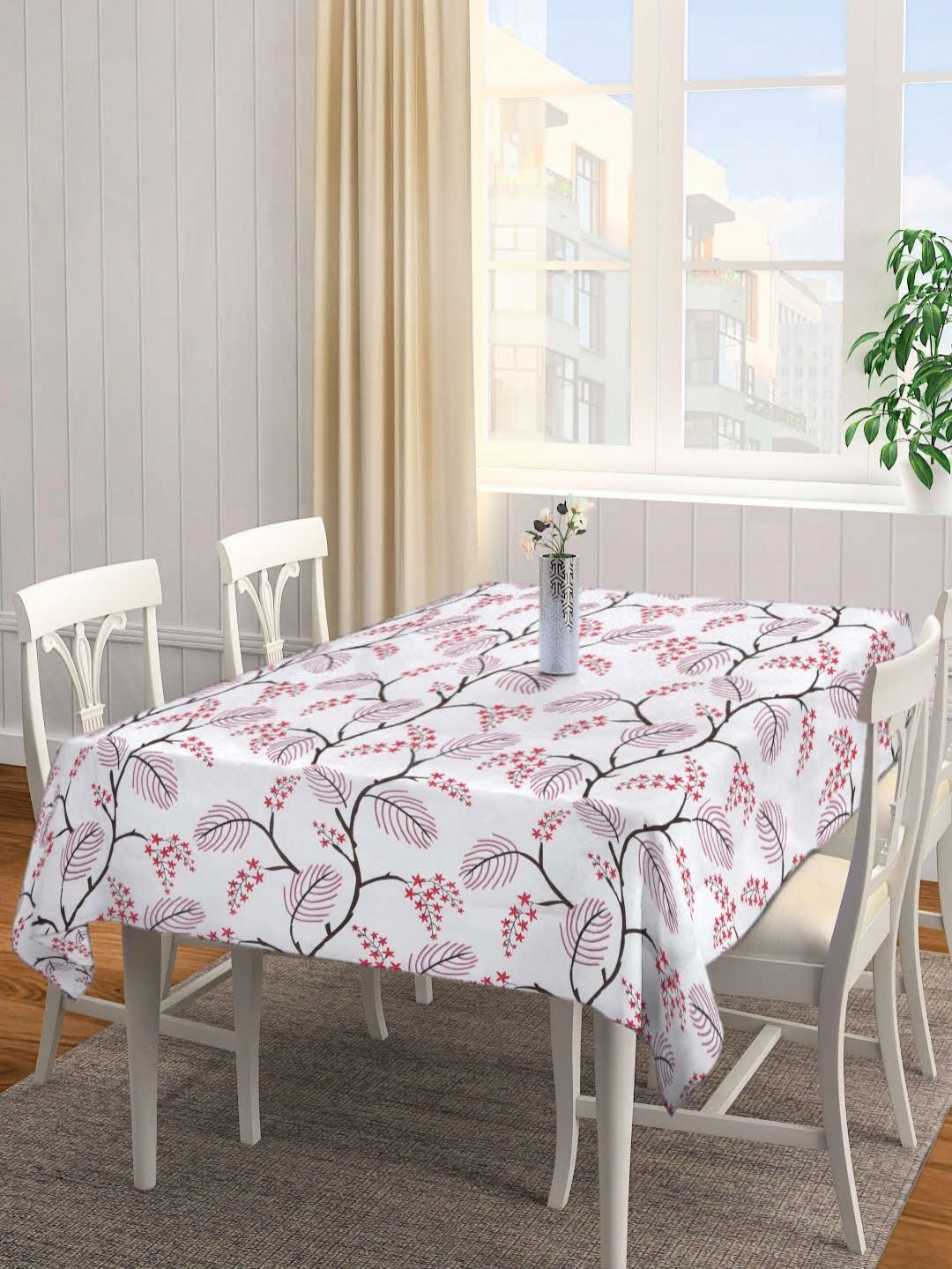 

Aura White & Pink Floral Printed Cotton 6-Seater Table Cover