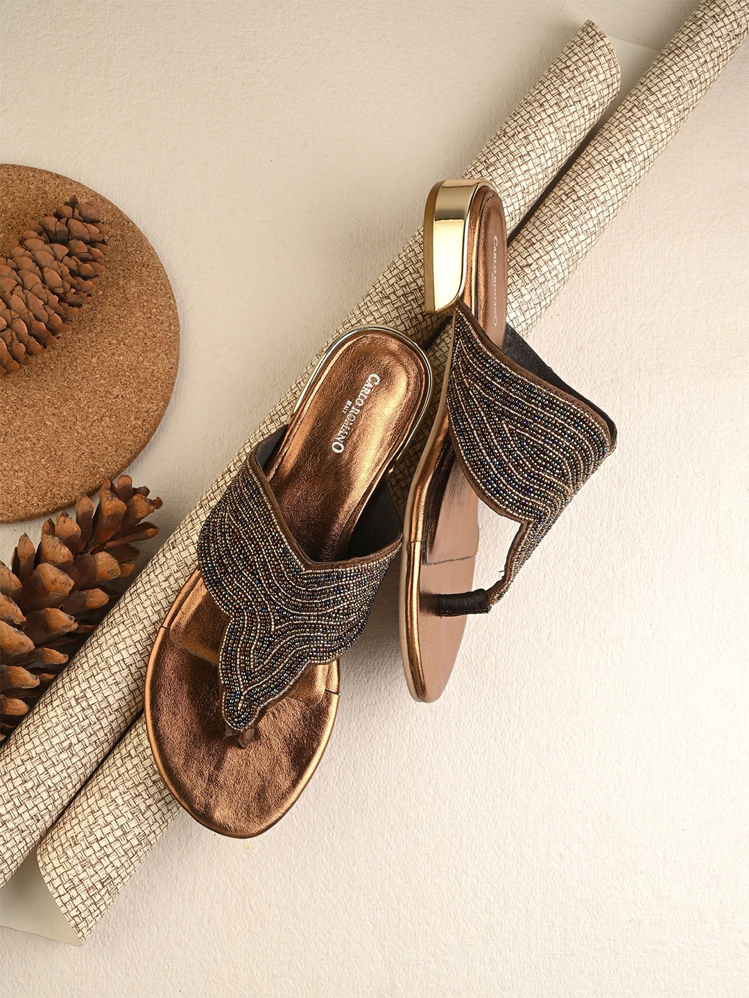 

CARLO ROMANO Women Embroidered T Strap Flats, Bronze