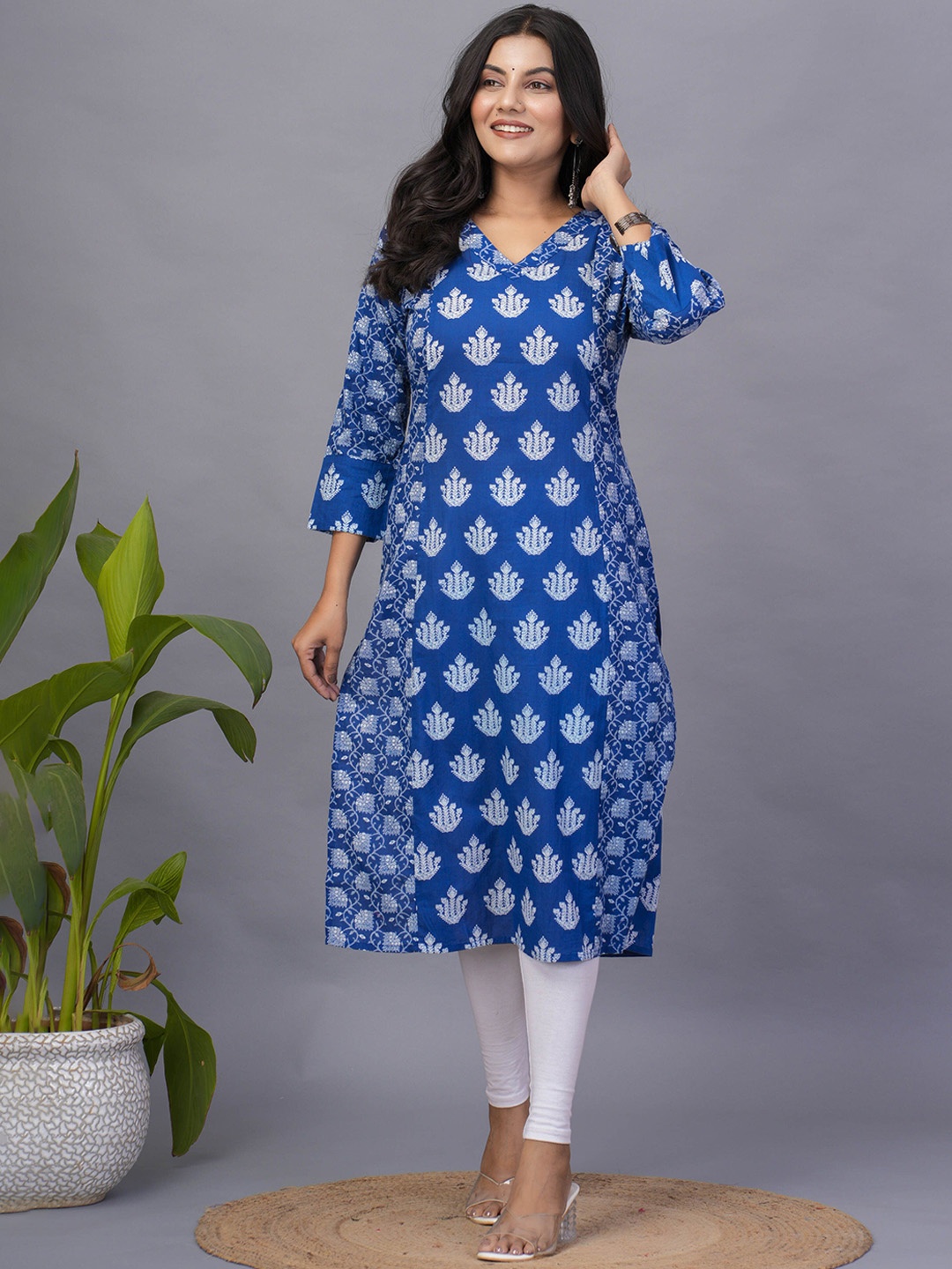 

KALINI Floral Printed Straight Kurta, Blue