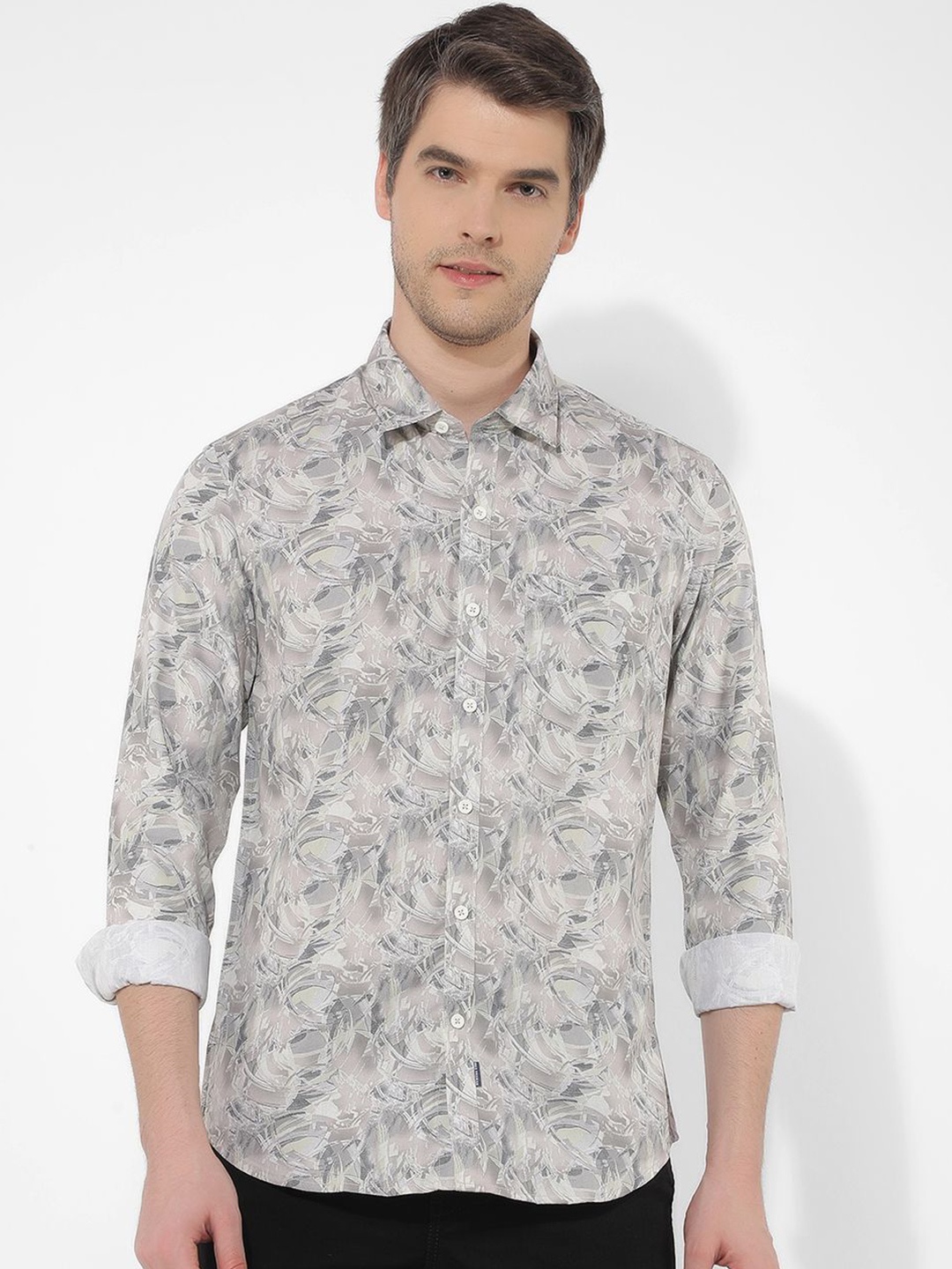 

Numero Uno Men Spread Collar Floral Printed Cotton Slim Fit Casual Shirt, Grey