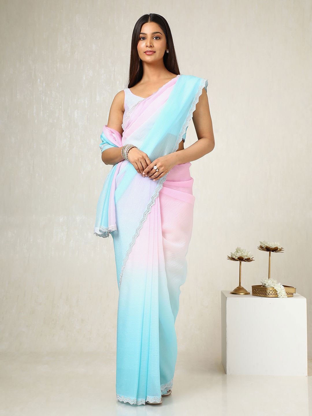 

Soch Ombre Dyed Beads and Stones Organza Holi Saree, Pink