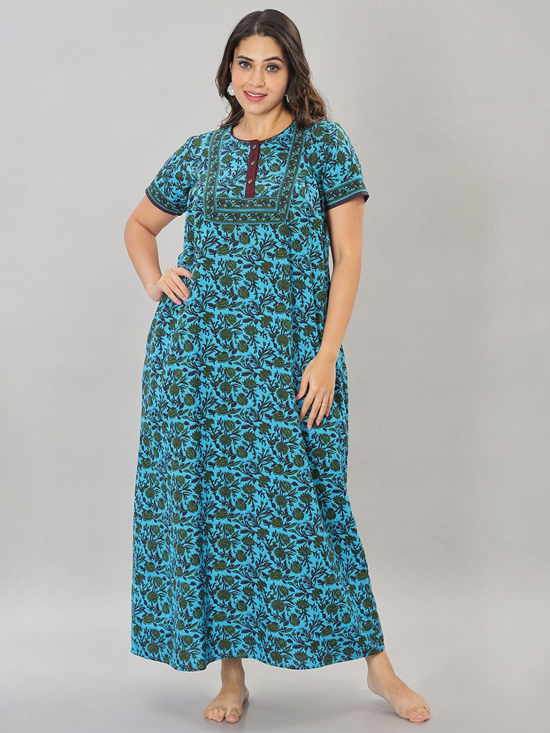 

NAIDU HALL Women Pure Cotton Printed Maxi Nightdress, Blue