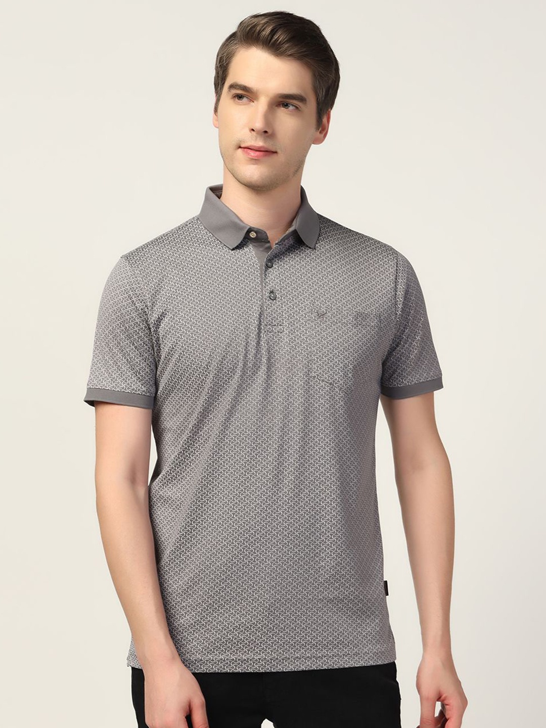 

Blackberrys Men Geometric Printed Polo Collar Cotton Slim Fit T-shirt, Grey
